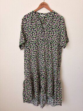 Tucker NYC Dress Womens Large Navy Silk Leopard Print Green Tiered Midi L